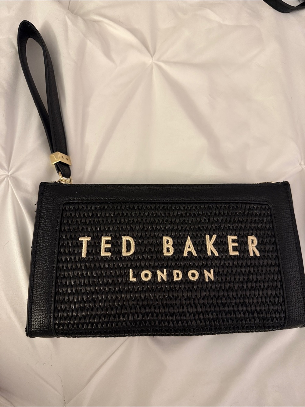 Ted Baker Black Wristlet with Cream Logo and Gold Hardware